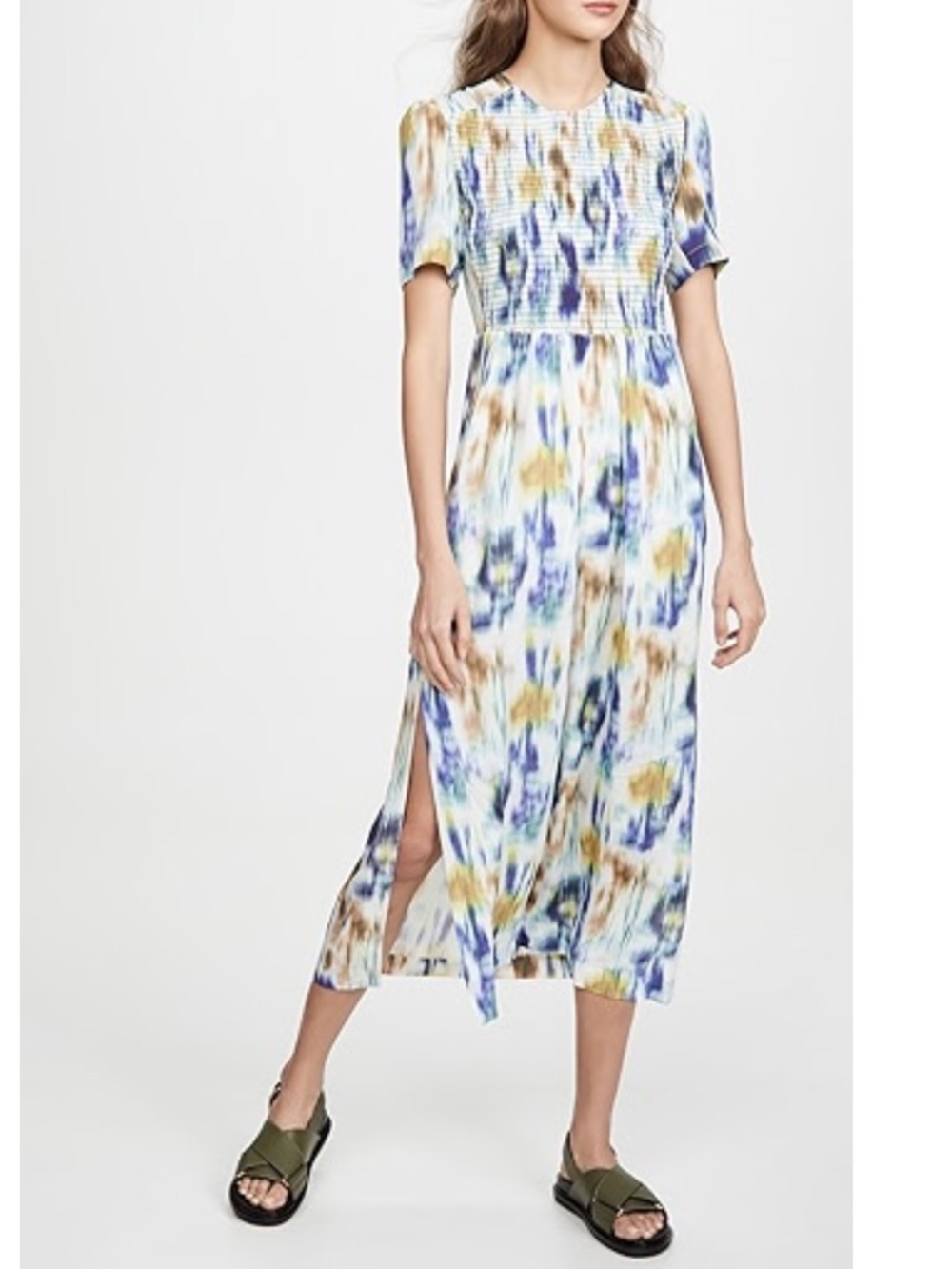 Smocked Midi Dress in Blue, Brown & Yellow Watercolor Print